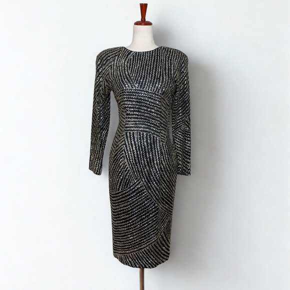 Vintage AJ Bari Equisite Black and Silver Sequined Open Back Body Con Dress SZ 6 - Picture 1 of 11